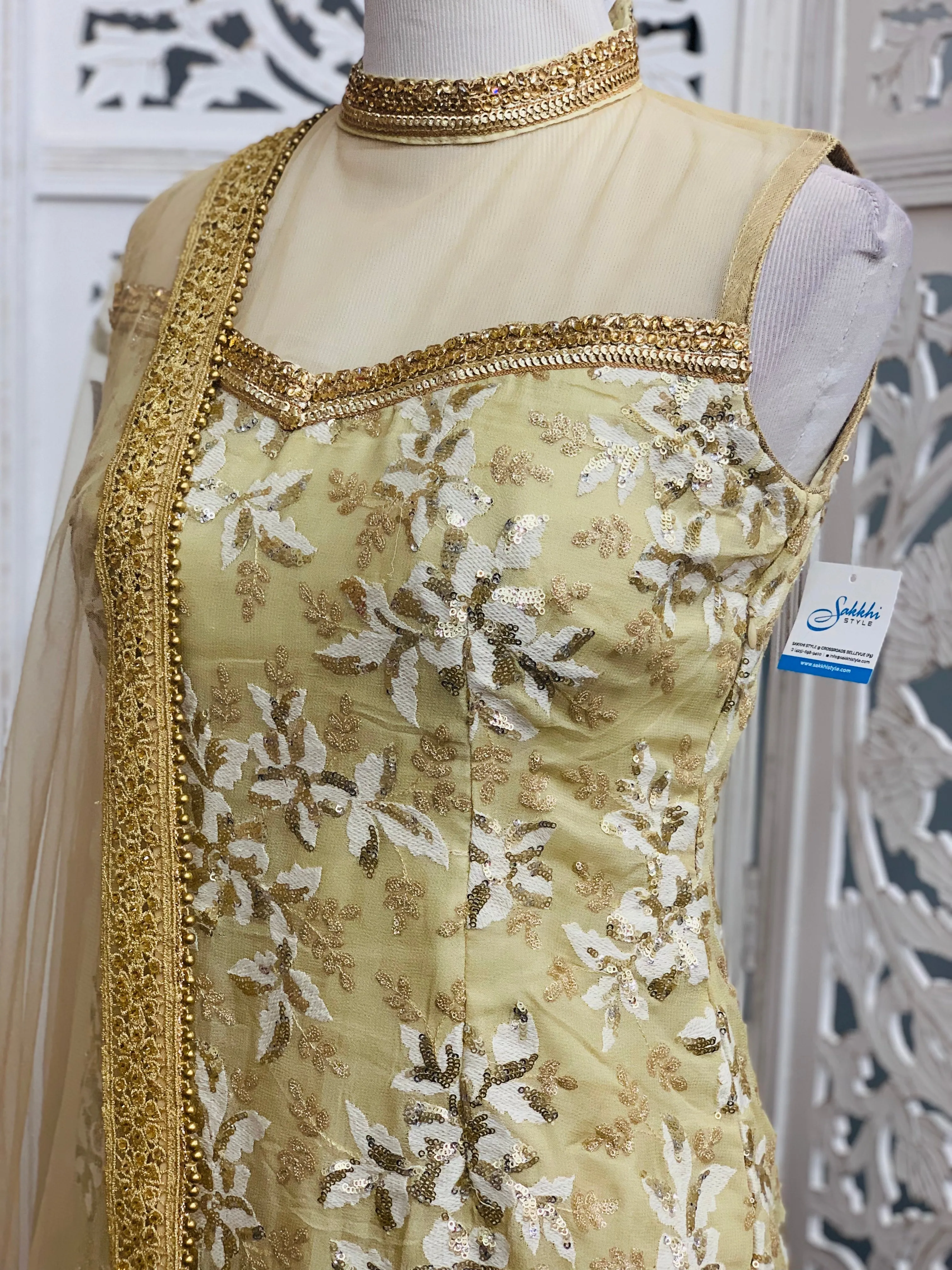 Beige High Neck Lehenga Suit