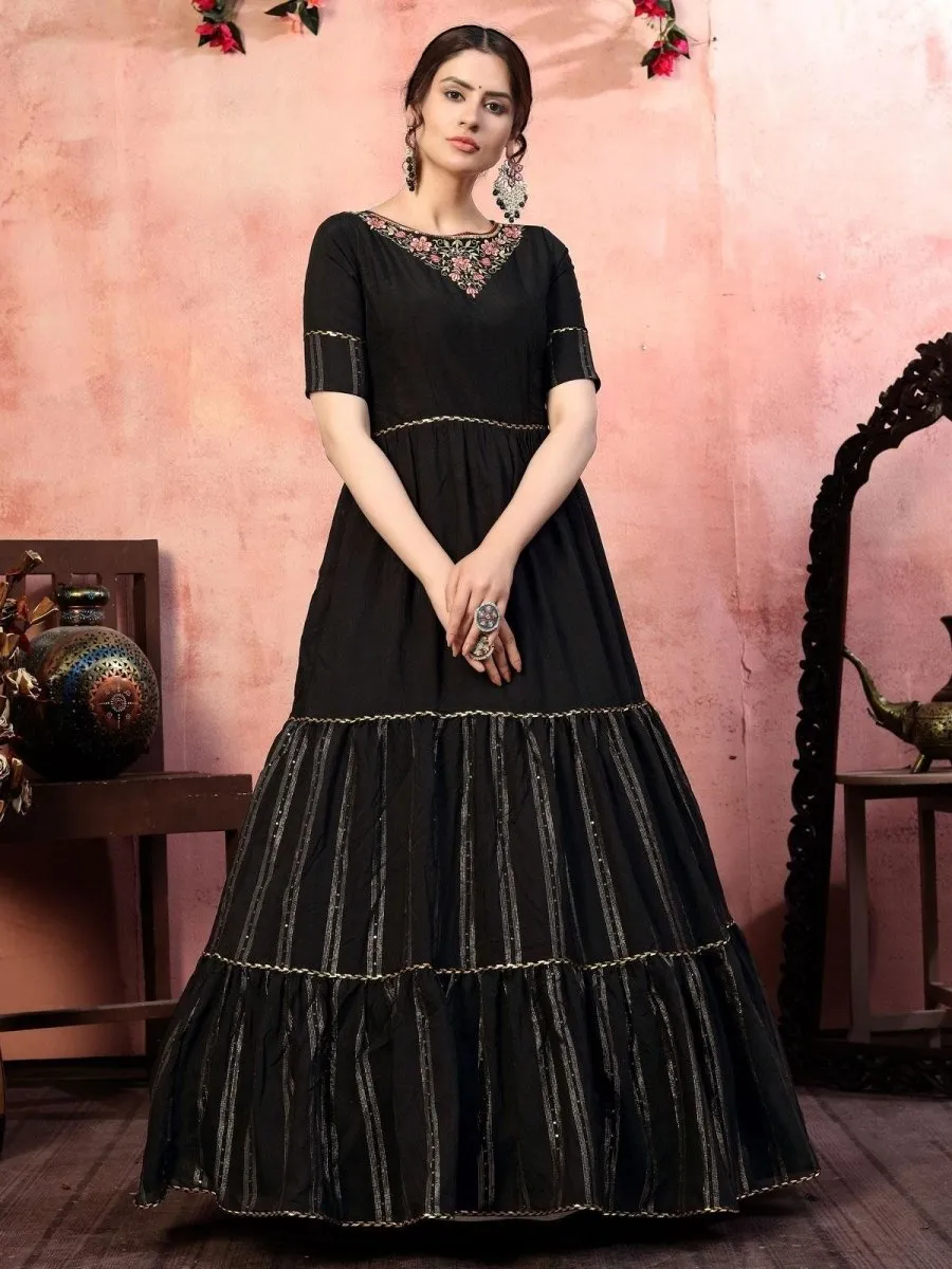 Black Silk Sequins Work Anarkali Gown