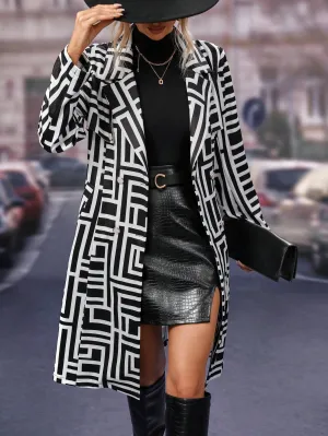 Black White Random Printed Belted Single Button Knee Length Coat for Women