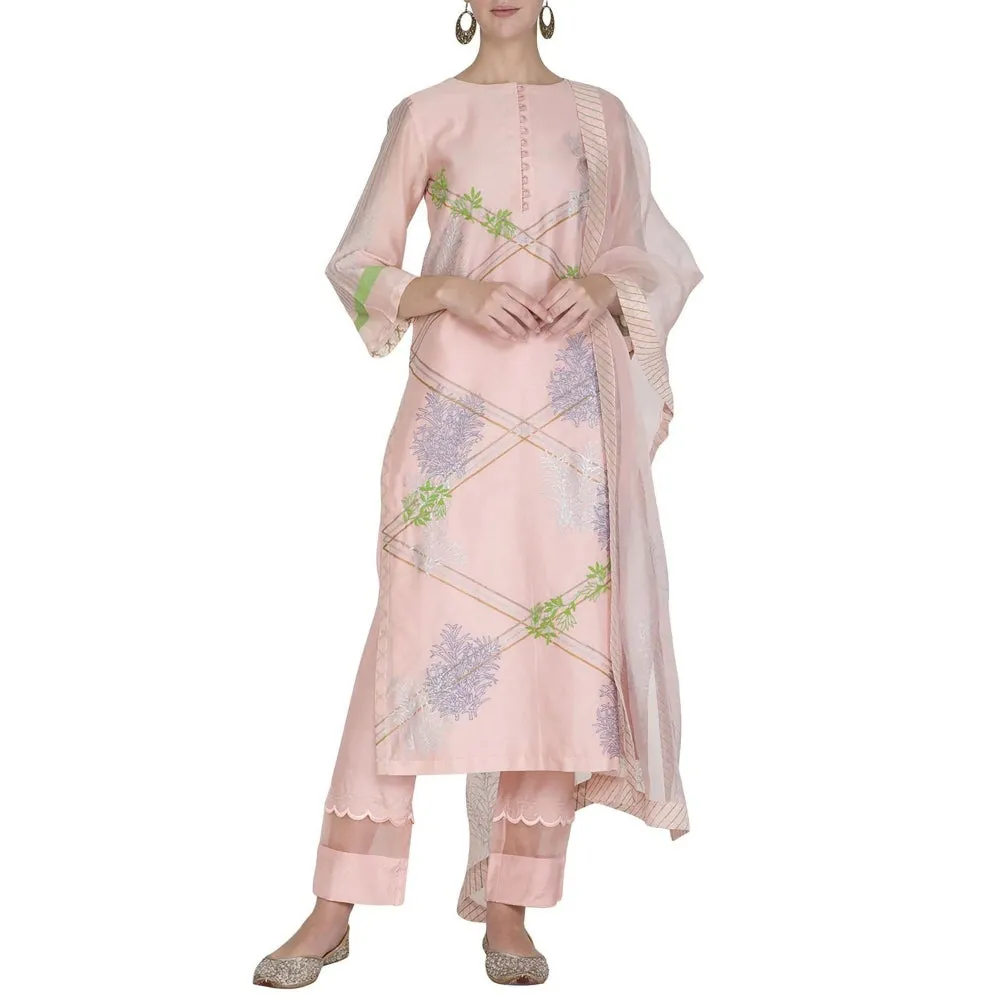 Devnaagri Light Pink Chanderi Kurta and Pant with Dupatta (Set of 3)