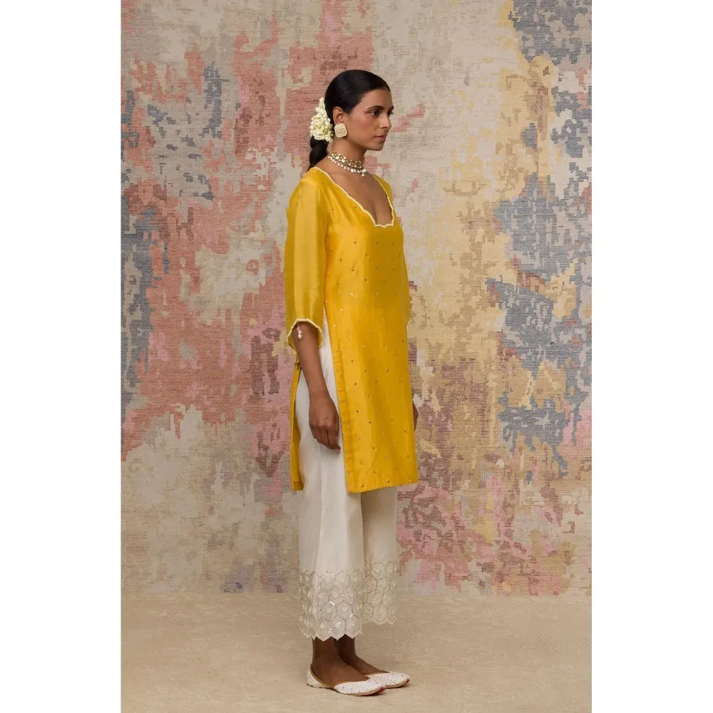 Devnaagri Mustard Mukaish Chanderi Kurta and Palazzo with Dupatta (Set of 3)