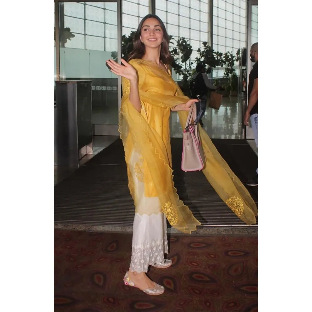 Devnaagri Mustard Mukaish Chanderi Kurta and Palazzo with Dupatta (Set of 3)