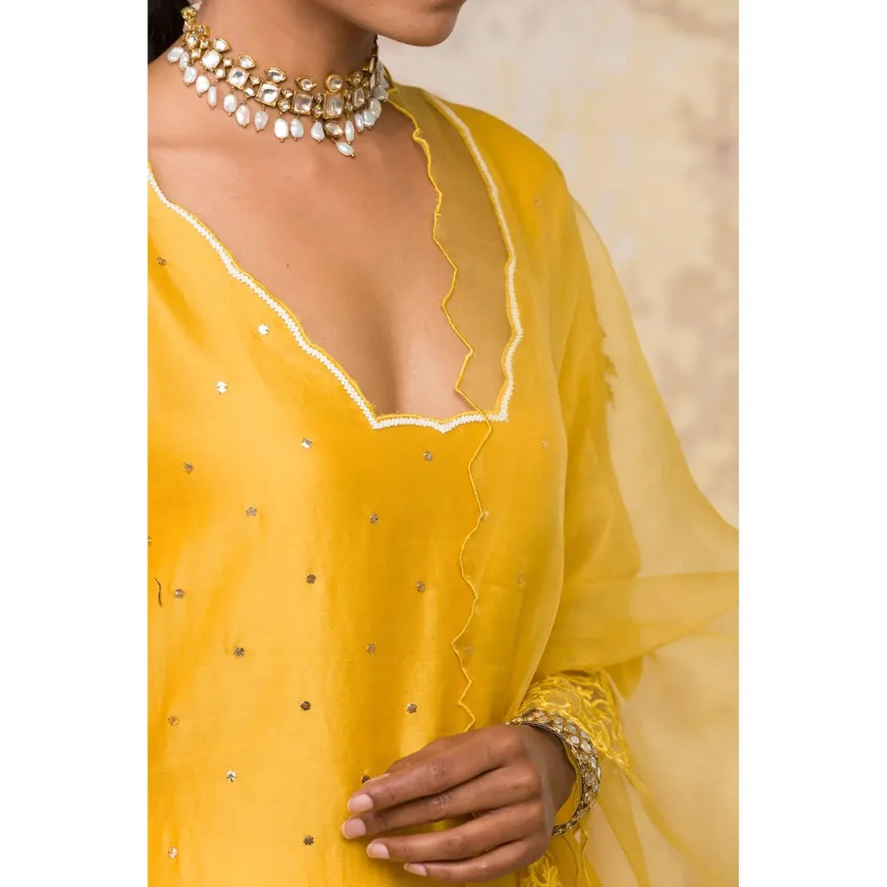 Devnaagri Mustard Mukaish Chanderi Kurta and Palazzo with Dupatta (Set of 3)