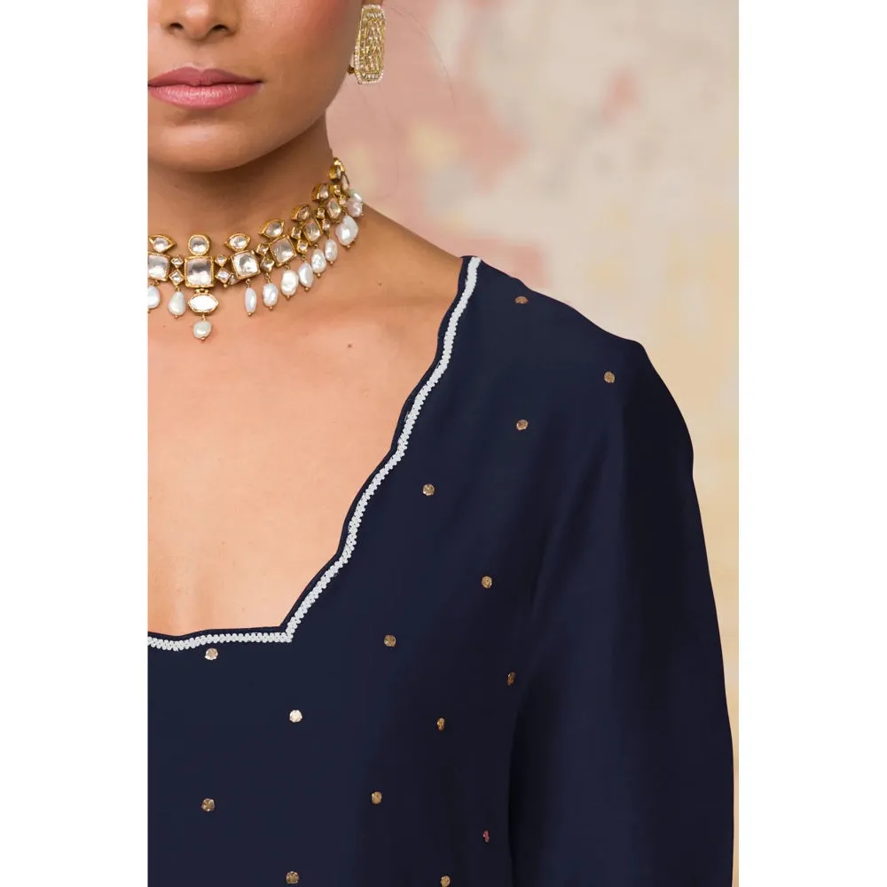 Devnaagri Navy Blue Mukaish Chanderi Kurta and Palazzo with Dupatta (Set of 3)