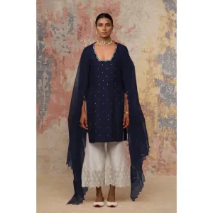 Devnaagri Navy Blue Mukaish Chanderi Kurta and Palazzo with Dupatta (Set of 3)