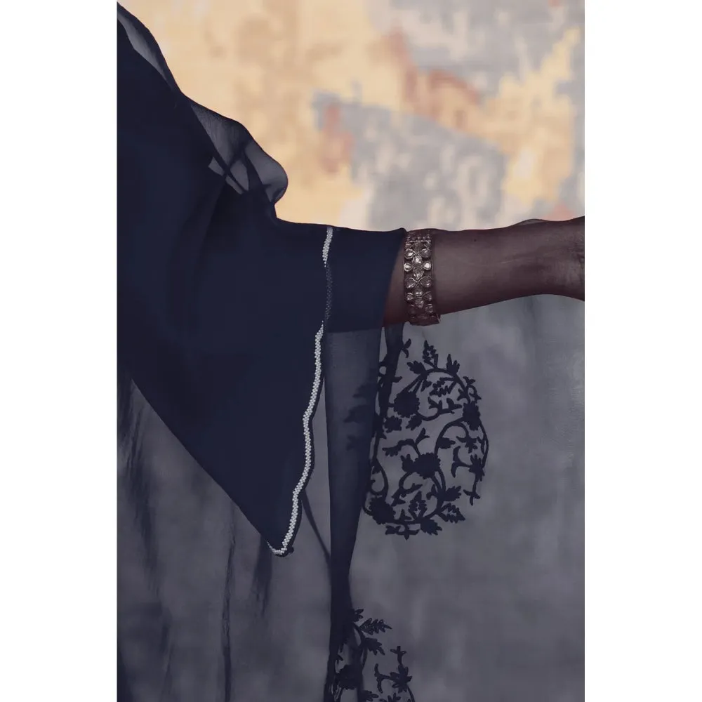 Devnaagri Navy Blue Mukaish Chanderi Kurta and Palazzo with Dupatta (Set of 3)