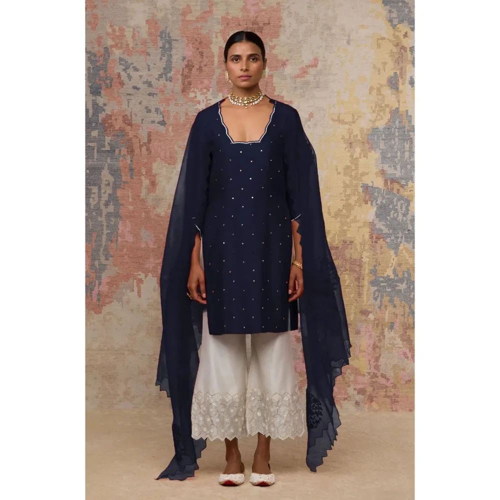 Devnaagri Navy Blue Mukaish Chanderi Kurta and Palazzo with Dupatta (Set of 3)