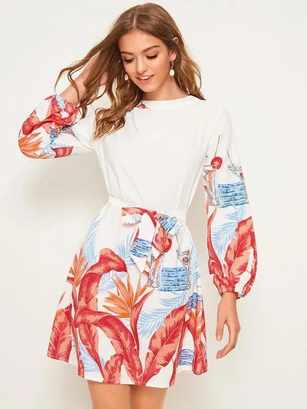 Dunnmall Tropical Print Tie Back Belted Dress