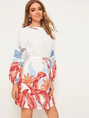 Dunnmall Tropical Print Tie Back Belted Dress