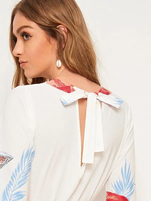 Dunnmall Tropical Print Tie Back Belted Dress
