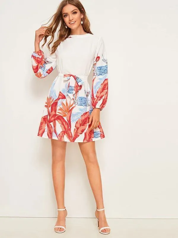 Dunnmall Tropical Print Tie Back Belted Dress