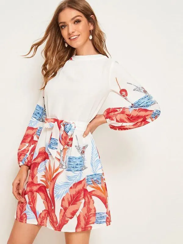 Dunnmall Tropical Print Tie Back Belted Dress