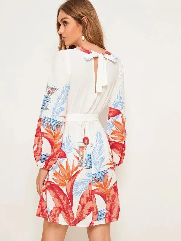 Dunnmall Tropical Print Tie Back Belted Dress