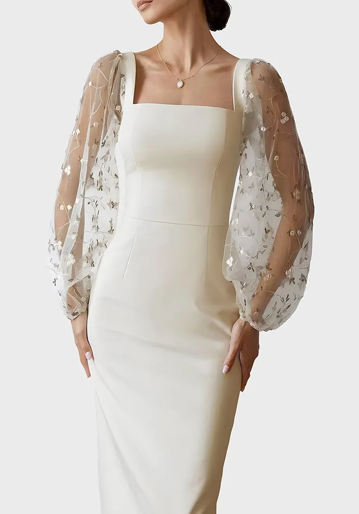 Embroidered Patchwork Sleeves Midi Dress