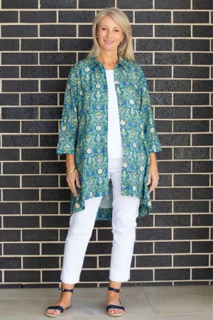 Equinox - Hi-Lo hem Cotton blend "William Morris" print longline Shirt/Jacket with Pockets - Blue
