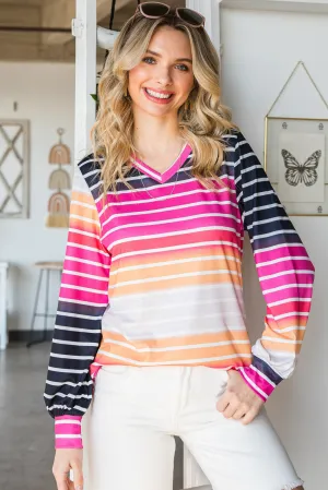 Gradient Striped Long Sleeve V-Neck Top
