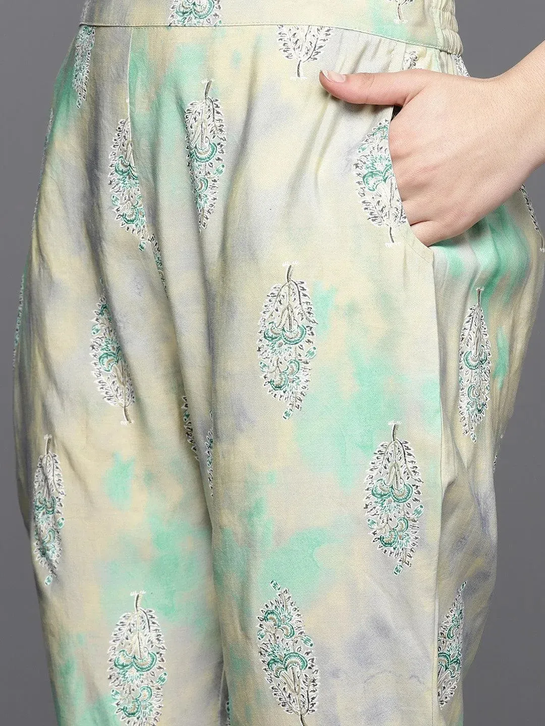 Green Yoke Design Silk Blend Straight Kurta With Trousers & Dupatta