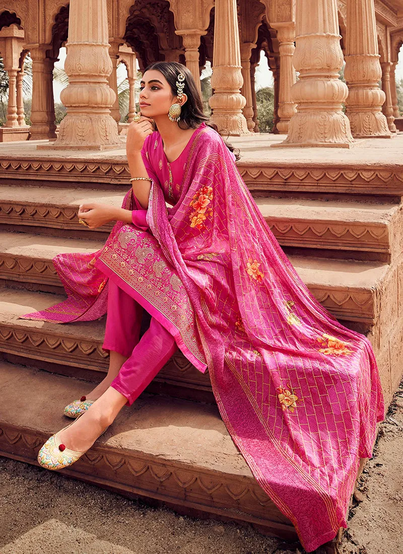 Hot Pink Handwork Embroidery Traditional Pant Style Suit