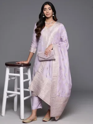 Lavender Woven Design Silk Blend Straight Suit With Dupatta