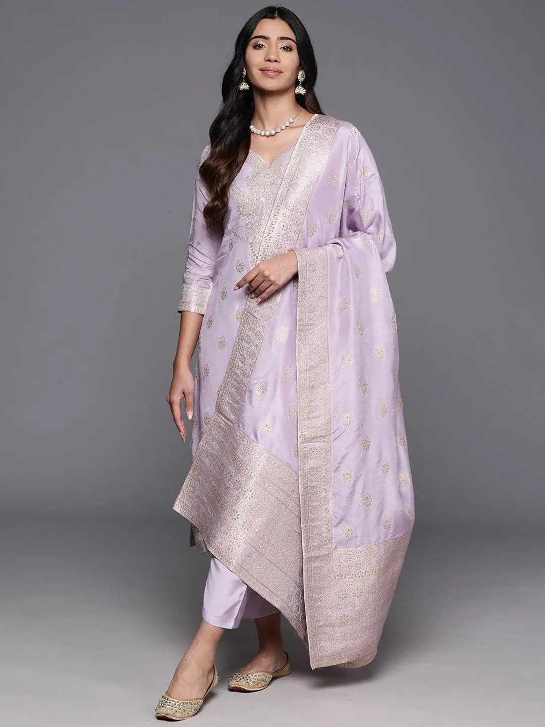 Lavender Woven Design Silk Blend Straight Suit With Dupatta