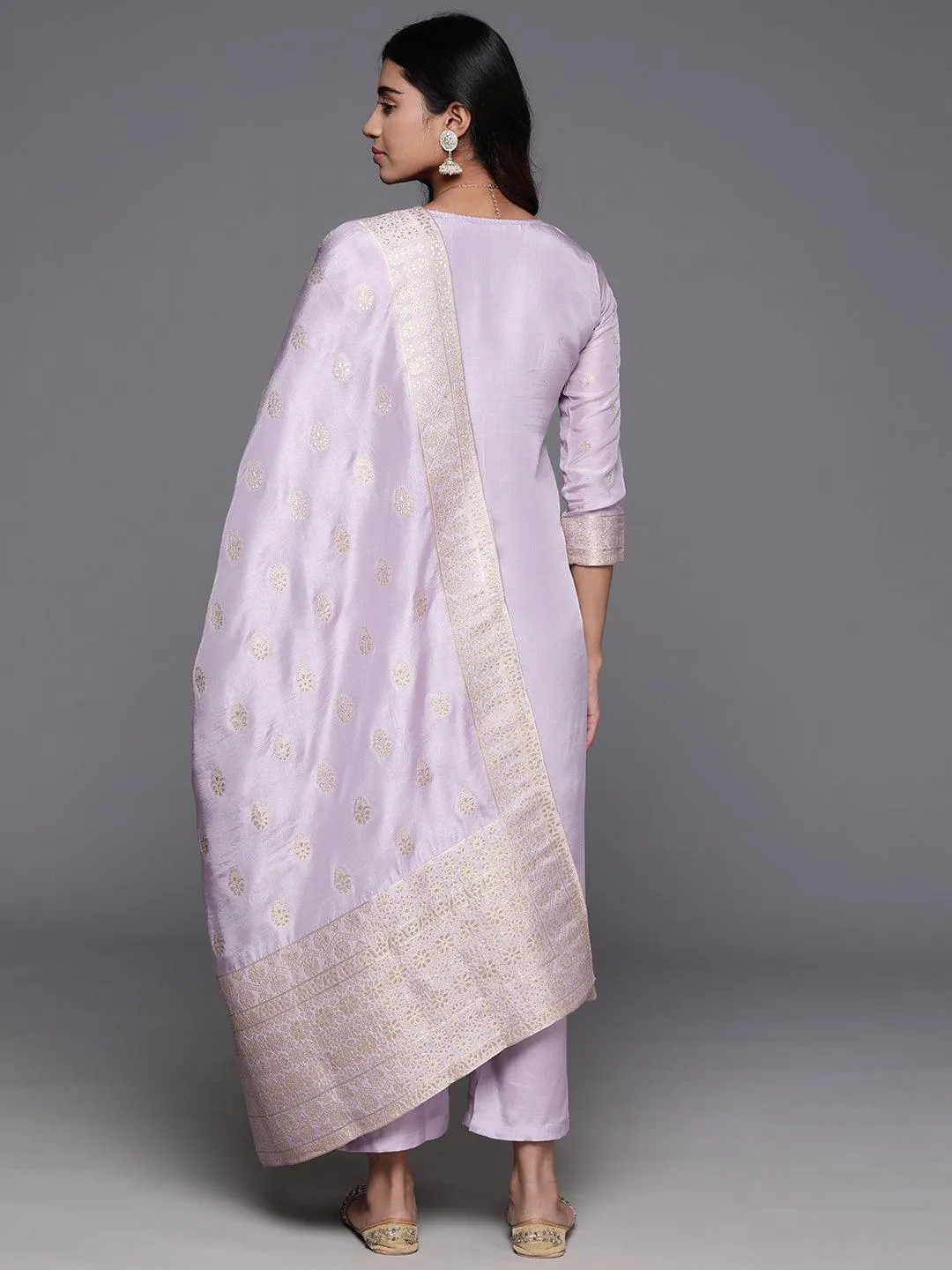 Lavender Woven Design Silk Blend Straight Suit With Dupatta