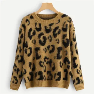 Leopard Print Fuzzy Round Neck Pullover Sweater