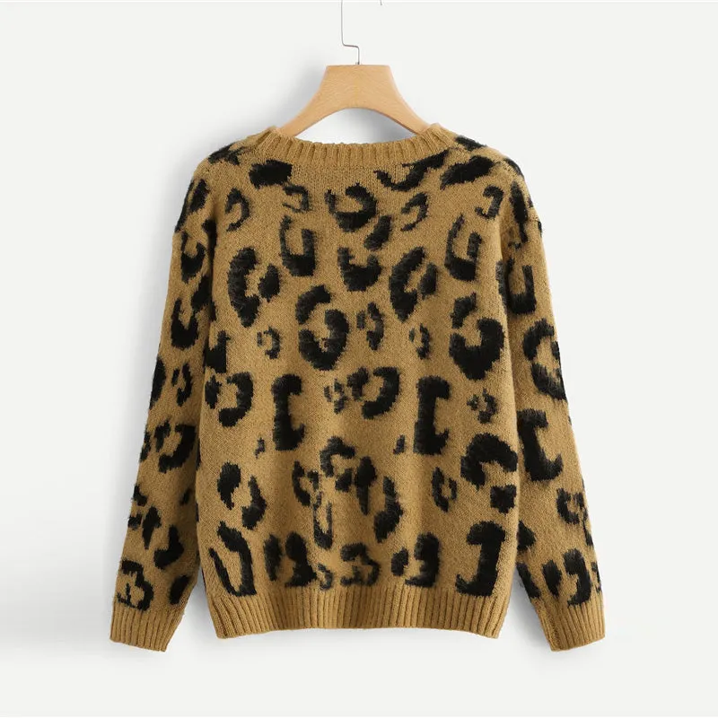 Leopard Print Fuzzy Round Neck Pullover Sweater