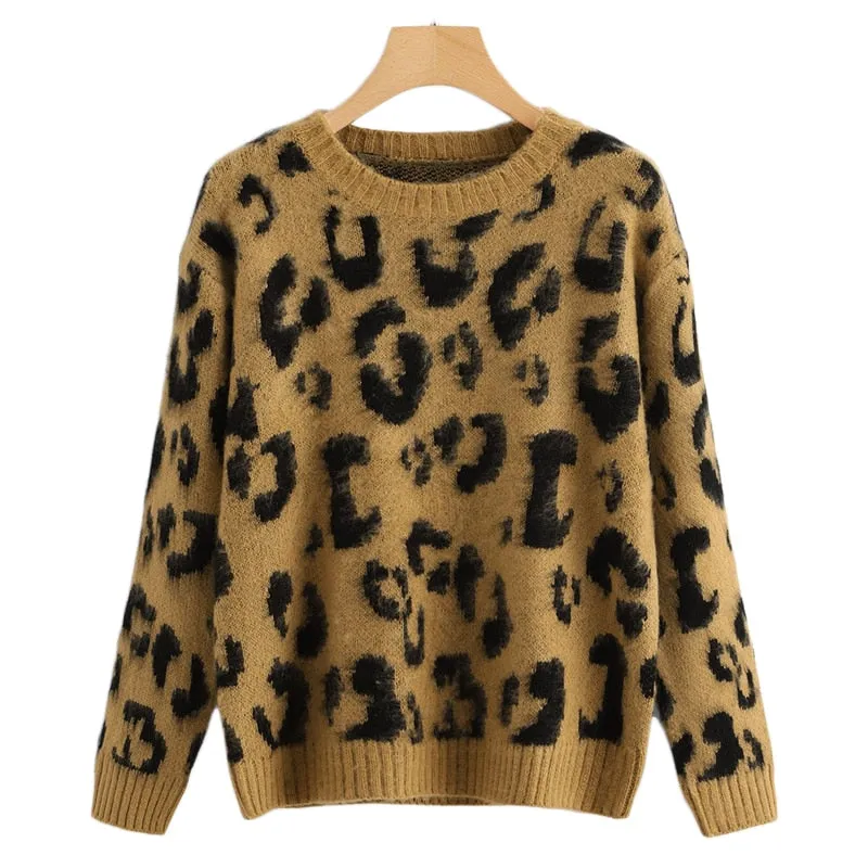 Leopard Print Fuzzy Round Neck Pullover Sweater