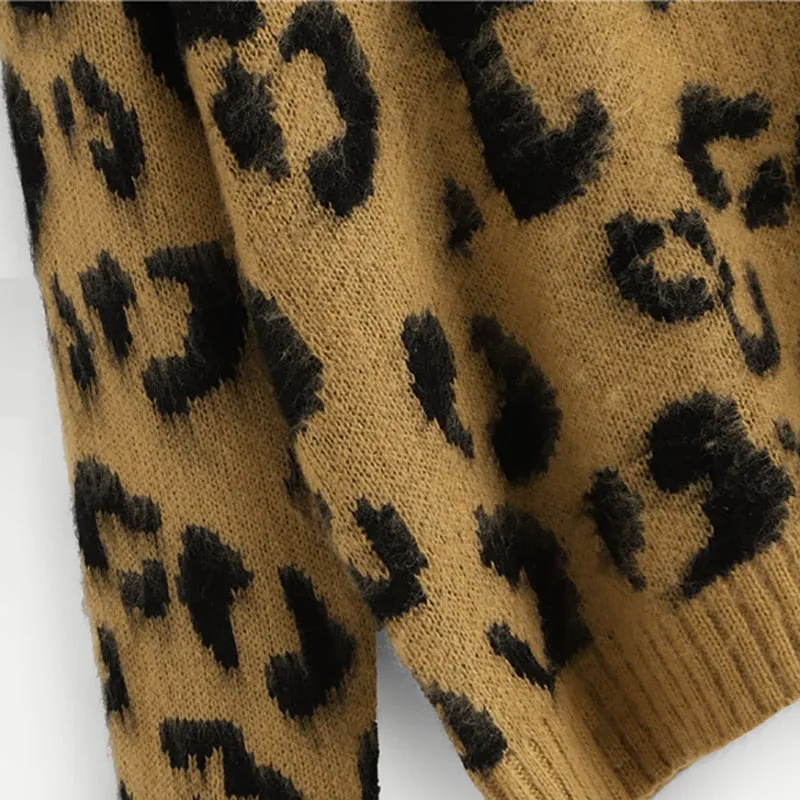 Leopard Print Fuzzy Round Neck Pullover Sweater