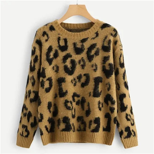 Leopard Print Fuzzy Round Neck Pullover Sweater