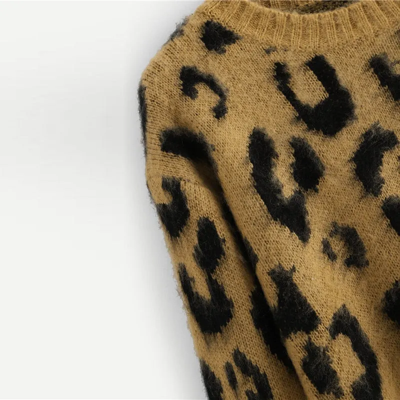 Leopard Print Fuzzy Round Neck Pullover Sweater