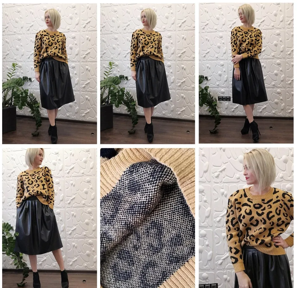 Leopard Print Fuzzy Round Neck Pullover Sweater