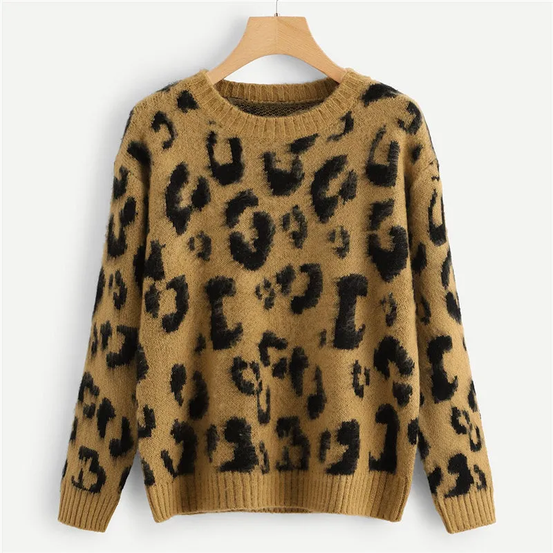 Leopard Print Fuzzy Round Neck Pullover Sweater