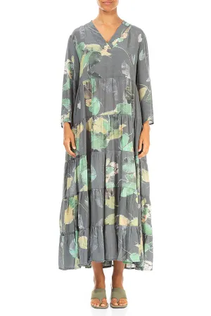 Maxi Flared Waterlilies Silk Bamboo Dress