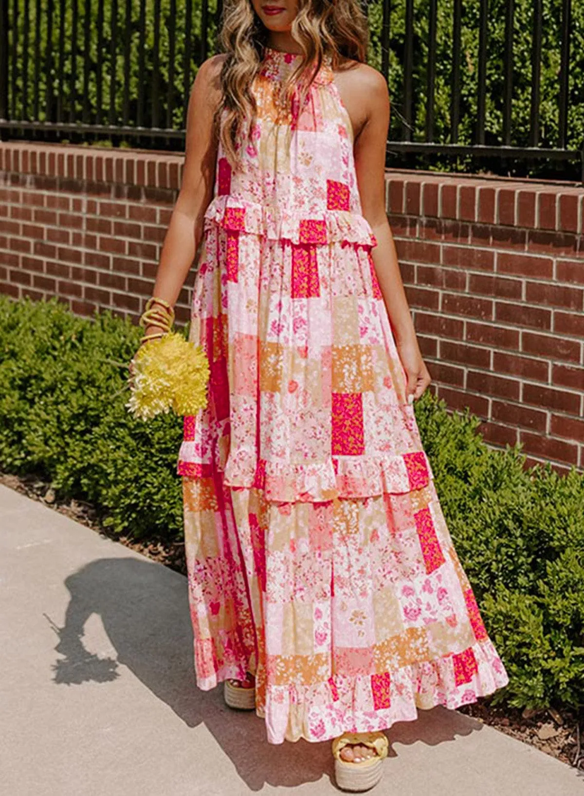 Multicolor Boho Geometric Floral Print Sleeveless Maxi Dress