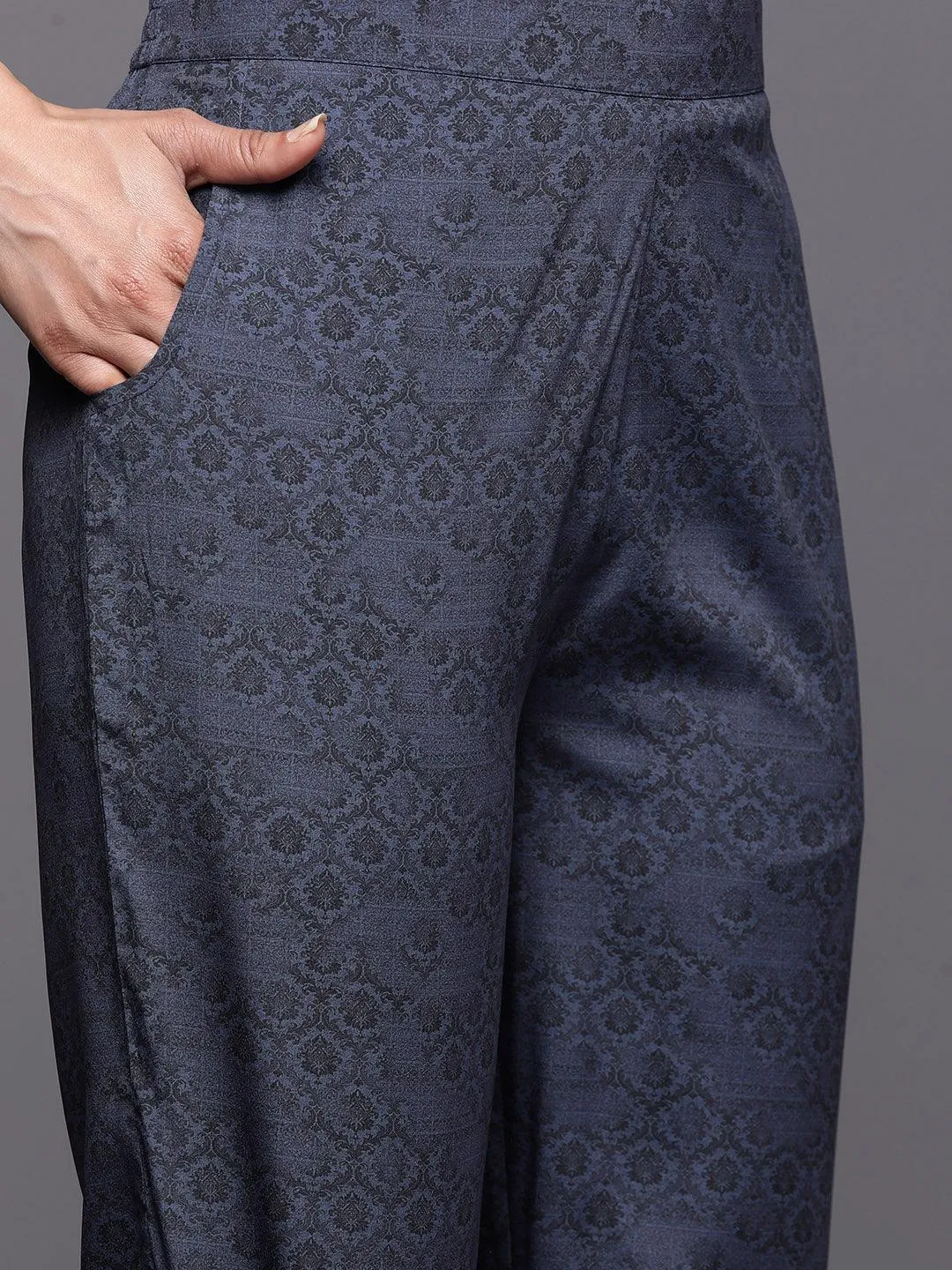 Navy Blue Printed Crepe Straight Kurta With Trousers & Dupatta