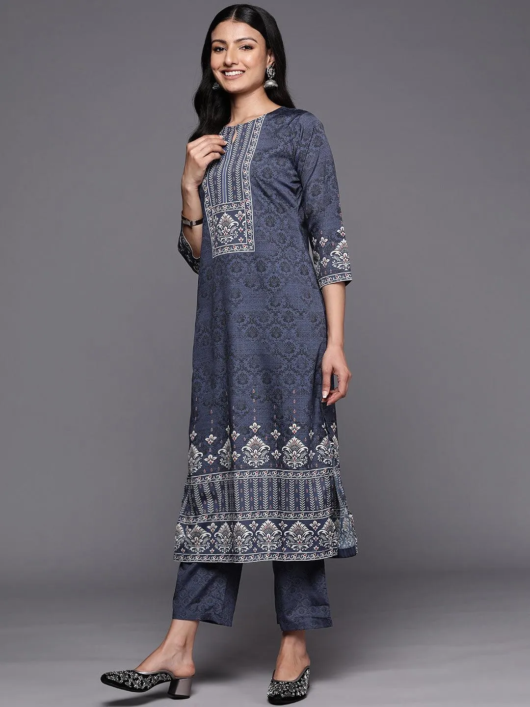 Navy Blue Printed Crepe Straight Kurta With Trousers & Dupatta