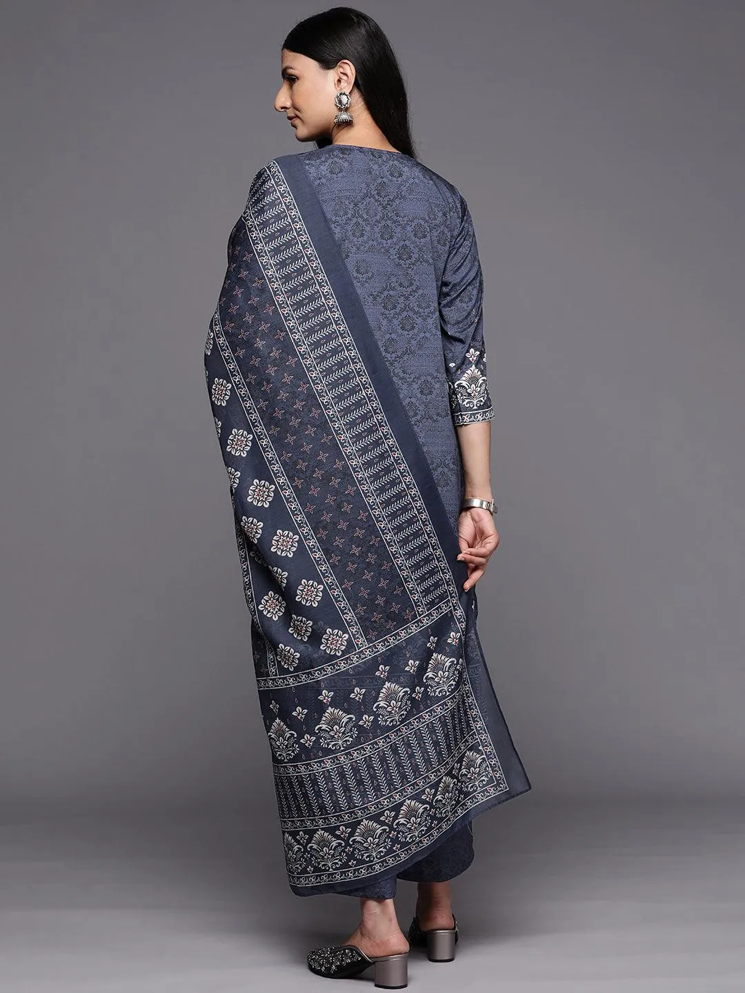 Navy Blue Printed Crepe Straight Kurta With Trousers & Dupatta