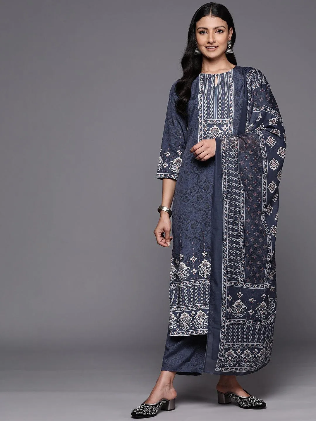Navy Blue Printed Crepe Straight Kurta With Trousers & Dupatta