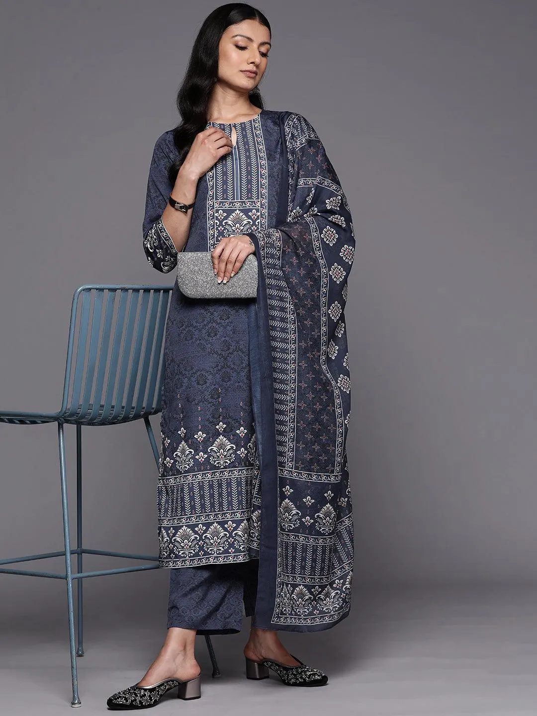 Navy Blue Printed Crepe Straight Kurta With Trousers & Dupatta