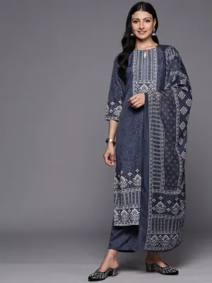 Navy Blue Printed Crepe Straight Kurta With Trousers & Dupatta