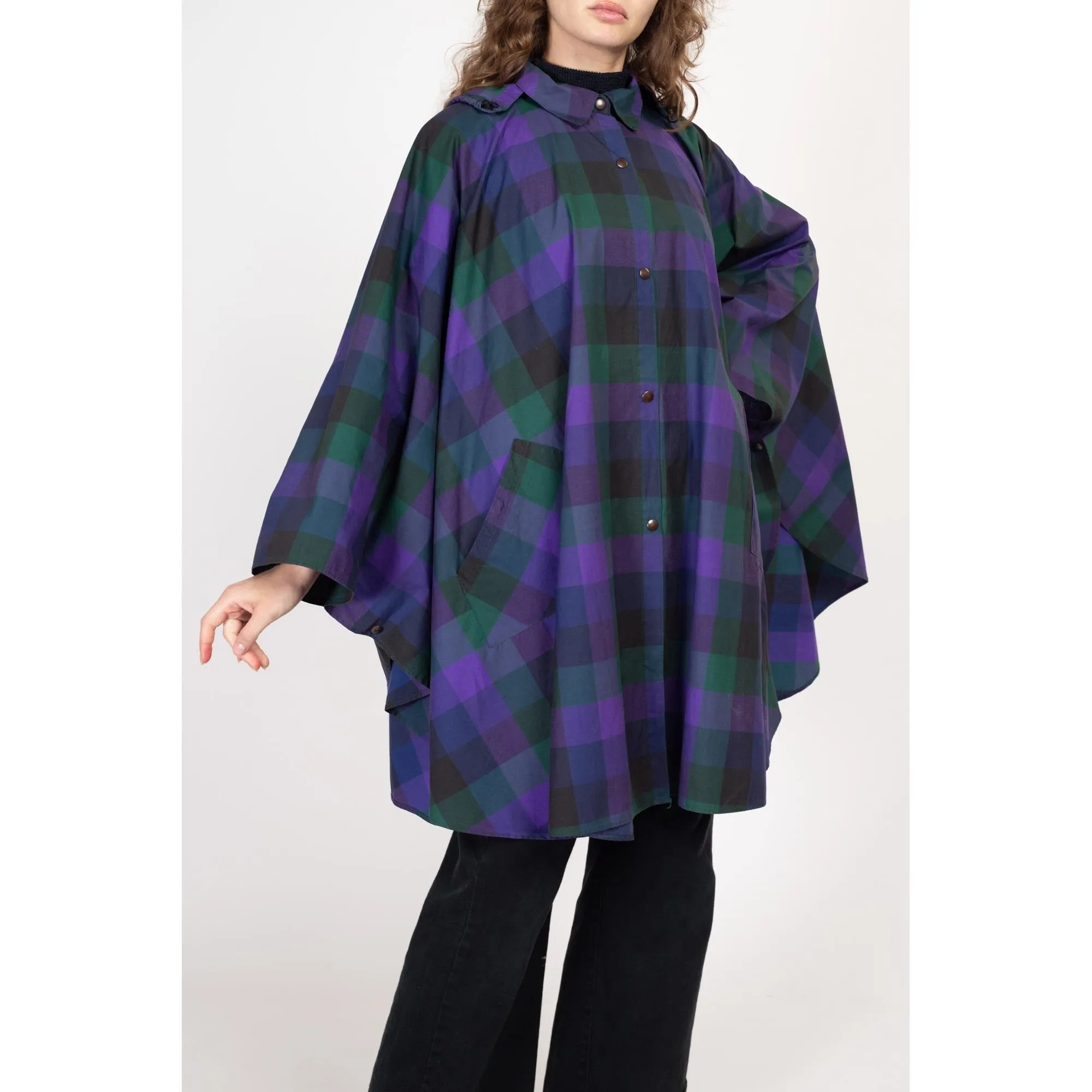 One Size 90s Purple Plaid Hooded Rain Poncho