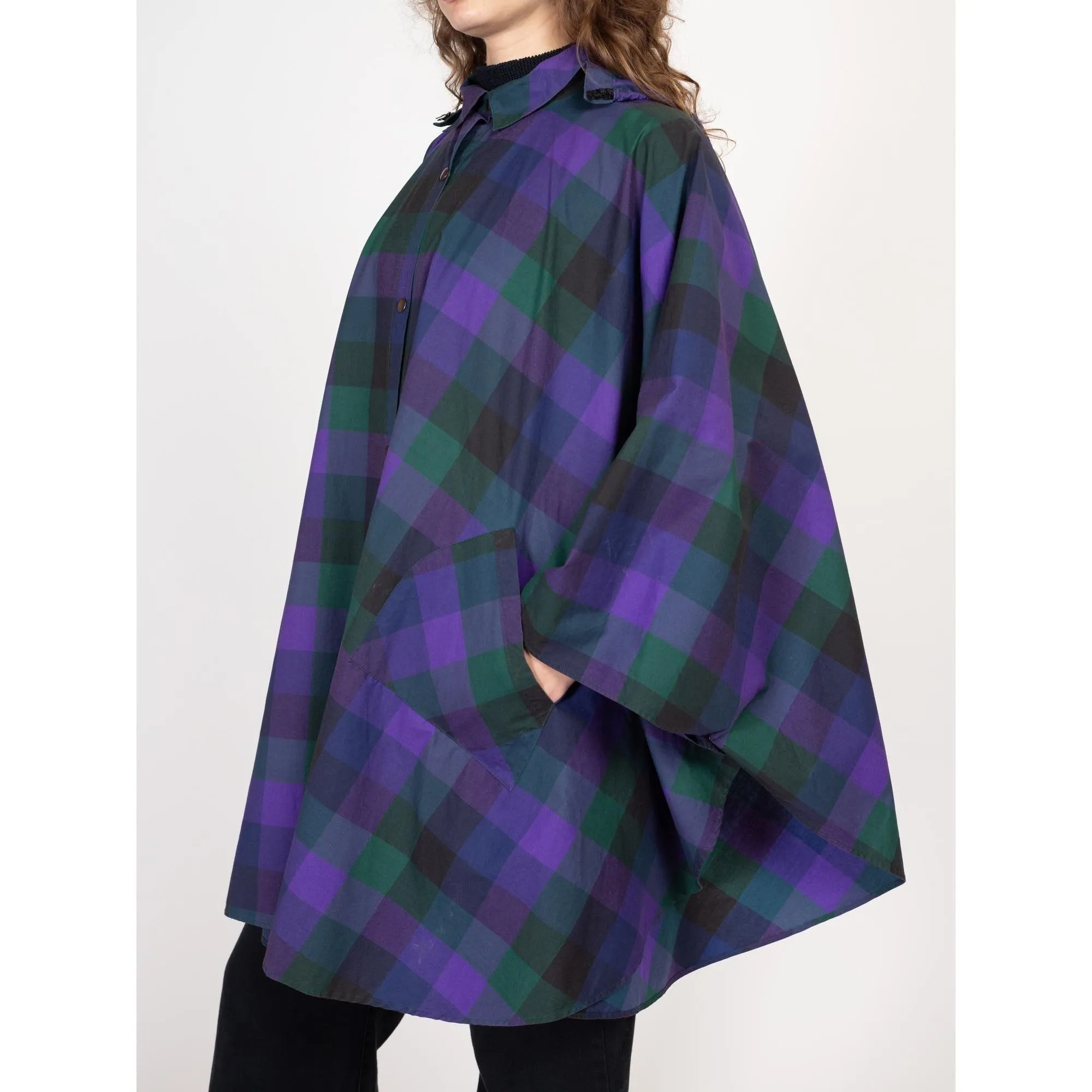 One Size 90s Purple Plaid Hooded Rain Poncho