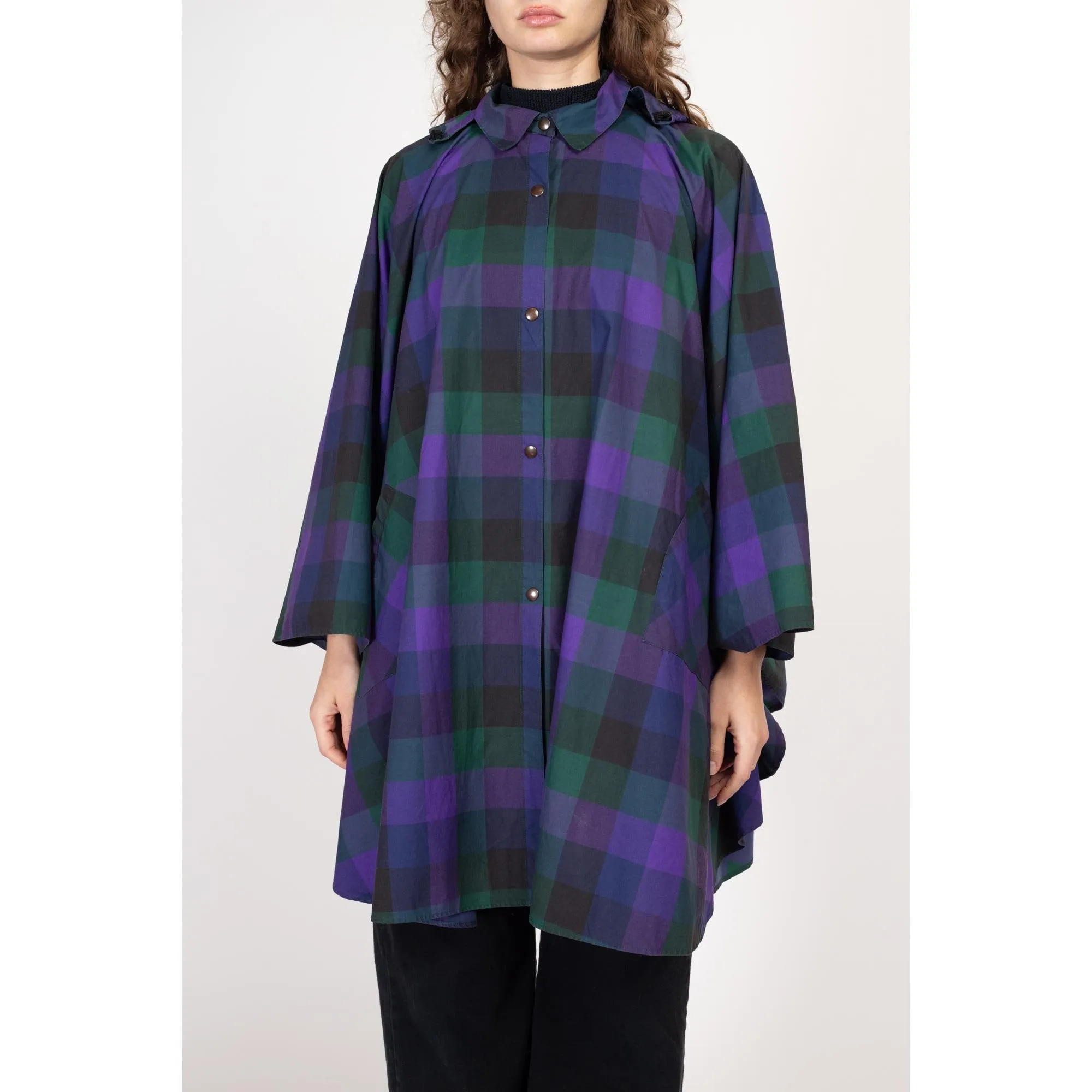 One Size 90s Purple Plaid Hooded Rain Poncho