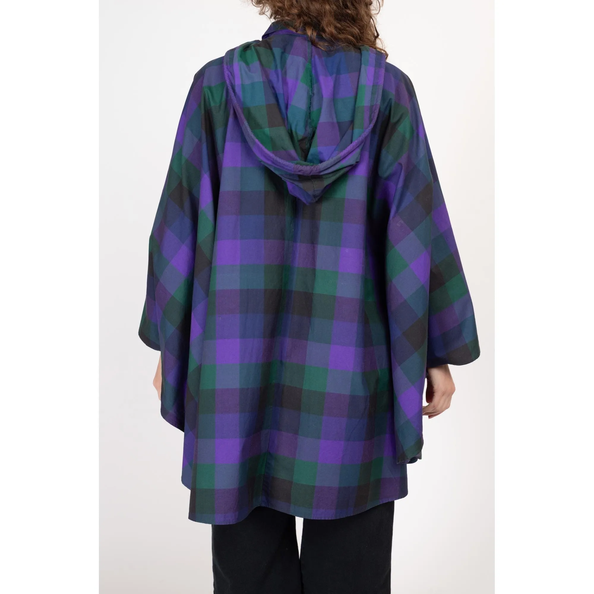 One Size 90s Purple Plaid Hooded Rain Poncho