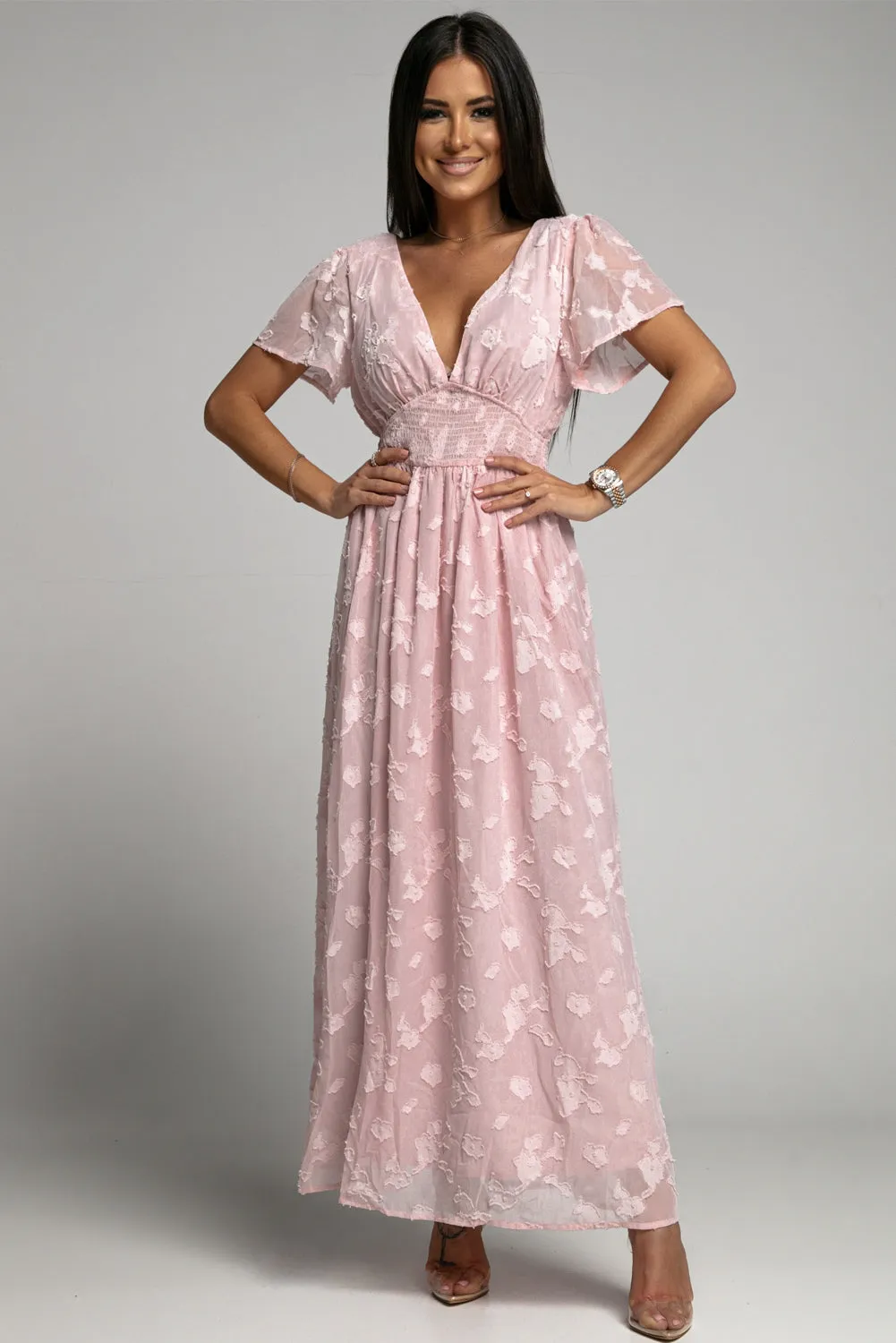 Pink Boho Smocked Waist Maxi Dress