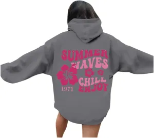 Pink Puff Hoodie For Women Oversized Summer Waves Chill Enjoy Letter Graphic Comfort Sweatshirts