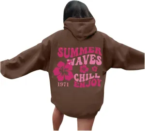 Pink Puff Hoodie For Women Oversized Summer Waves Chill Enjoy Letter Graphic Comfort Sweatshirts