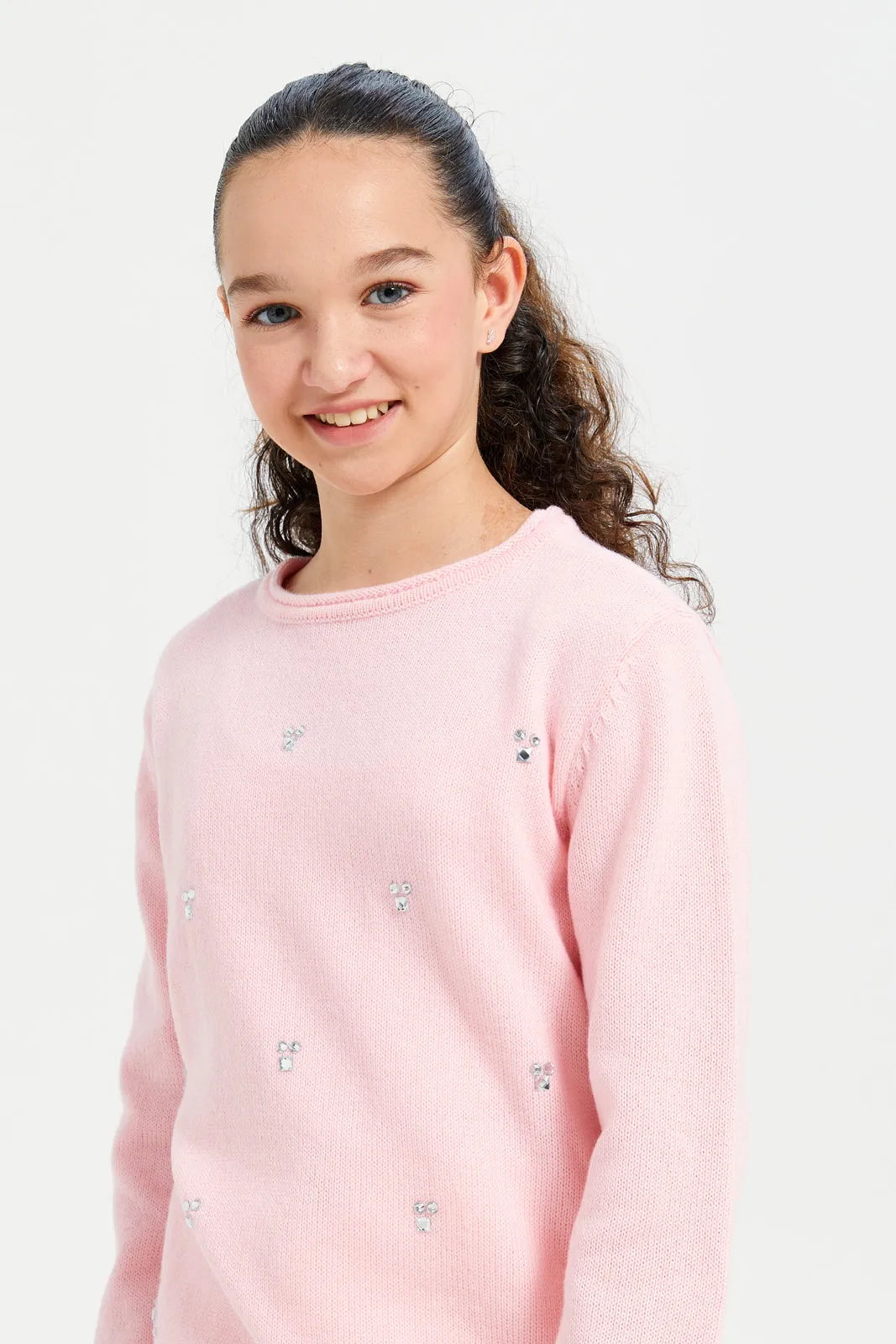 Senior Girls Pink Embellished Pullover