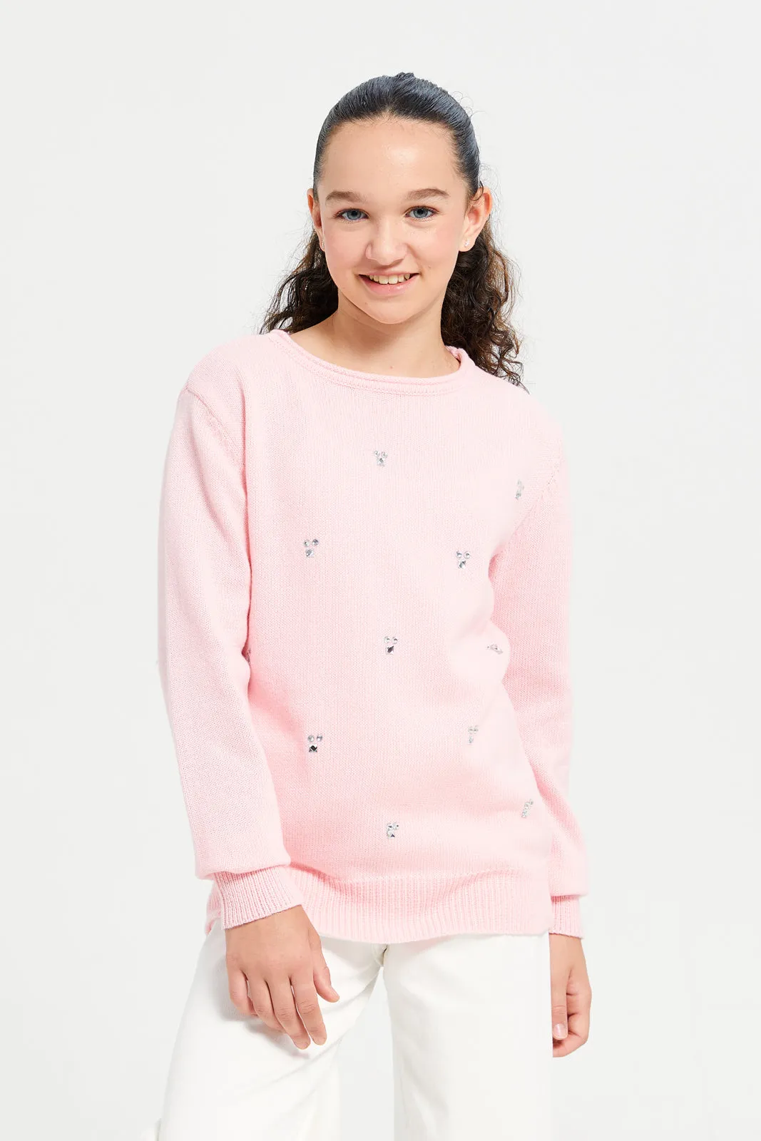 Senior Girls Pink Embellished Pullover